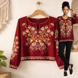 JOHNNY WAS Frankie Boho Red Wine Embroidered Blouse top size large. EUC